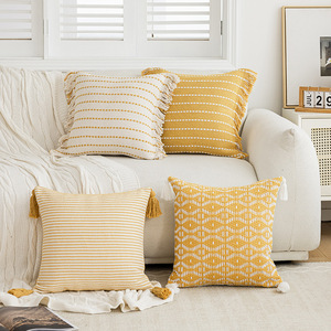 Minimalist Yellow <b>Striped</b> Throw Pillows Square Cotton Cushion Cover With Tassel Decor For Living Room Sofa Bed Home <b>Car</b> - Product Image 2