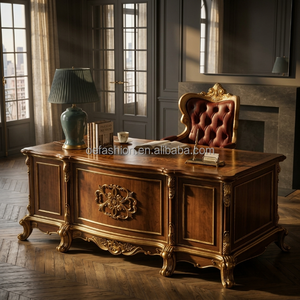 Escritorio Ejecutivo Real Personalizado para Oficina <span class=keywords><strong>de</strong></span> Palacio, Mesa <span class=keywords><strong>de</strong></span> Oficina <span class=keywords><strong>de</strong></span> Madera Maciza con Hoja <span class=keywords><strong>de</strong></span> Oro Tallada a Mano para Proyecto Hotelero FF&E Suite - Product Image 3
