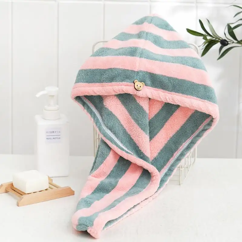 wholesale stock fashion stripe design microfiber coral fleece hair drying towel hair wrap microfiber fashion hair dryer towel