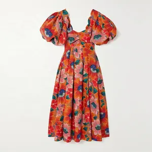 Custom Spring Summer Square Neck Short Sleeve Woven Digital Printing Floral Cotton A-Line Vintage Midi Women Dress