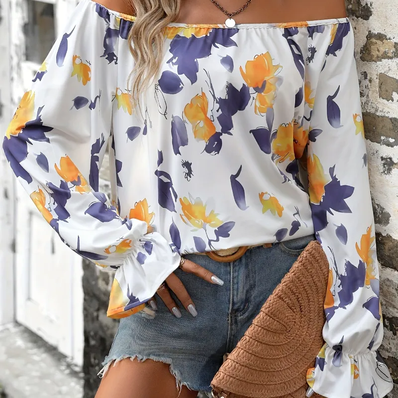 Grosir Pabrik blus atasan bahu terbuka motif bunga ukuran besar baju wanita kemeja lengan panjang Formal