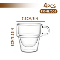 Ensemble de tasses à expresso et latte 150ml et 380ml en verre borosilicate à double paroi avec poignée isolée empilable 4 pièces par boîte