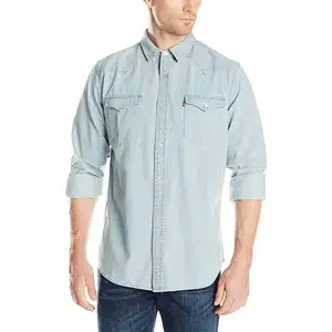 पुरुषों के कपड़ों की थोक फैशन आकस्मिक लंबी आस्तीन जेब के साथ धोया डेनिम शर्ट नीले फीका स्लिम फिट जीन शर्ट
