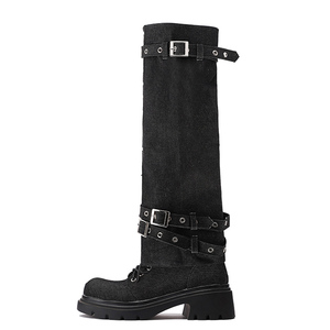 Custom Removable Upper Women Thick Sole Knee High <b>Boots</b> Lace up Square Heels Causal Denim Shoes Round Toe Rivets Decor Pumps - Product Image 5