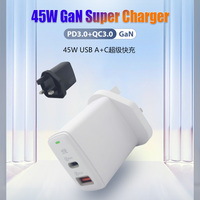 Chargeur mural GaN 45W double port USB-A/USB-C PD3.0 QC3.0, charge rapide, protection OTP ignifuge, compatible ordinateur portable, prise UK
