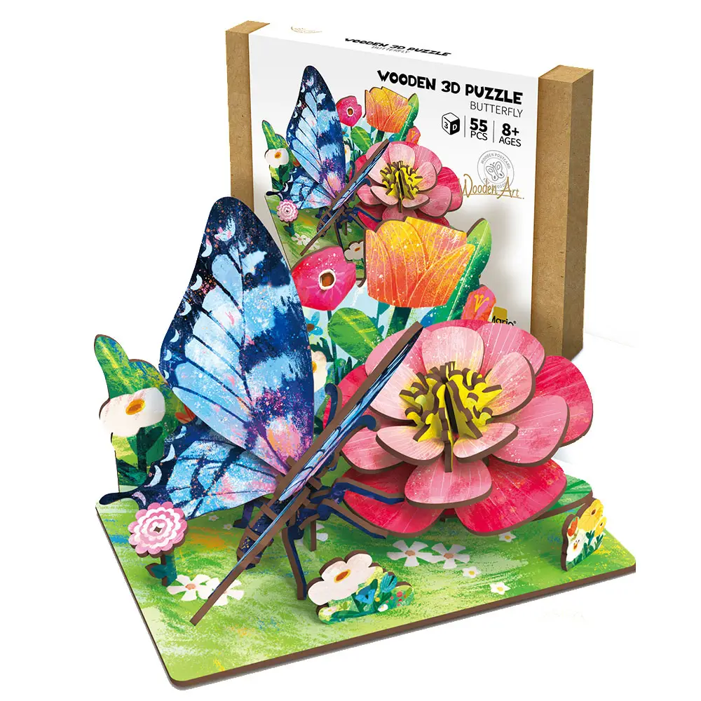 बच्चों के शैक्षिक के लिए यूरोपीय प्रवृत्ति टिकाऊ प्लास्टिक मुक्त 55 पीसी DIY तितली फूल पहेली लकड़ी के खिलौने