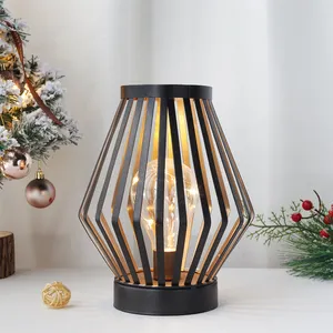 RTS Hollow Stripe Battery Powered 8.7inch Tall Metal Cage LED Lantern Cordless Accent Light with LED Edison Home Decoration