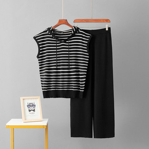 ชุดเซ็ตเสื้อฮู้ดดี้และกางเกงขายาวลำลองแฟชั่นฤดูร้อน เสื้อถักแขนกุดลายทาง ฮู้ดดี้สุดฮิต - Product Image 3