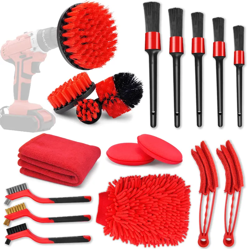 18 Pcs Red Color Car Cleaning Brush for Drill Tools Kit with Car Detailing Brush Set