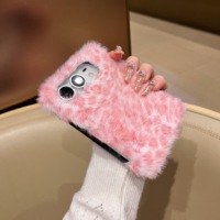 Étui de téléphone en peluche à motif léopard rose tendance pour iPhone Duo, étui pliable avec protection de l'objectif de l'appareil photo, étui en fourrure pour iPhone Duo