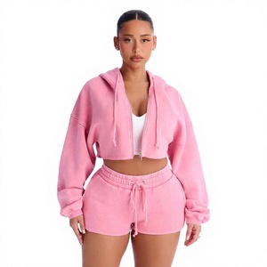 Women's <b>Pink</b> Fleece Hooded <b>Crop</b> <b>Top</b> Shorts Set Casual Two Piece Outfit Loose Fit Spring Summer Solid Color Knitted Sweatwear - Product Image 1