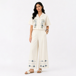 Off White Women's Two Piece Co-Ord <b>Set</b> | Floral Embroidered Short Sleeve Shirt & Wide Leg Pants - Product Image 1