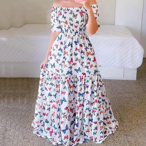Personalizzare Sexy manica corta moda floreale Off-spalla lunga gonna stampata vacanza una linea lungo lungo a strati Maxi abito da donna - Product Image 4