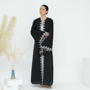 Abito Musulmano da Donna alla Moda con Ricamo Floreale, <span class=keywords><strong>Abaya</strong></span> Nero <span class=keywords><strong>Arabo</strong></span> a Maniche Lunghe per l'Eid, <span class=keywords><strong>Abaya</strong></span> Modesto da Dubai, <span class=keywords><strong>Abaya</strong></span> Aperto Musulmano di Tendenza - Product Image 6