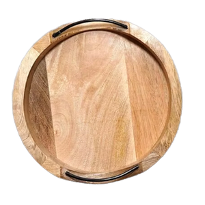 Plateau de service rond en bois moderne et durable fait à la main avec poignée en fer, compatible lave-vaisselle, pour cuisine, table à manger, plateau décoratif pour ottoman - Product Image 1