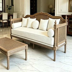 Wholesale French Vintage Solid Wood <strong>Rattan</strong> <strong>Sofa</strong> Set, American Simple Couch Custom for Small Living Room Showroom Villa - Product Image 2
