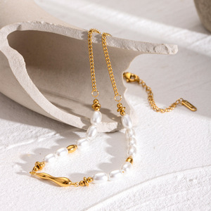 Collana in oro 18K acciaio inossidabile per le donne 45 + 5cm onda diritta con perla di vetro alla moda motivo a maglia ovale agata <span class=keywords><strong>cuore</strong></span> - Product Image 6