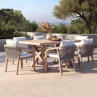 Table de salle à manger d'extérieur en teck pour hôtel, avec tressage en corde, mobilier de jardin, table de salle à manger imperméable et ensemble de chaises empilables