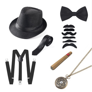Conjunto de disfraz de gangster para hombre de los años 20, sombrero de lana, pajarita, tirantes, cigarro, reloj de bolsillo, accesorios para fiesta - Product Image 2