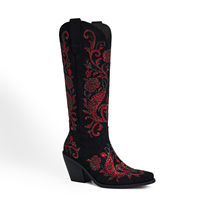 Bottes de cowgirl WETKISS Western à strass, bout pointu, hauteur genou, broderie florale en cristal rouge, talon épais, pour le Texas