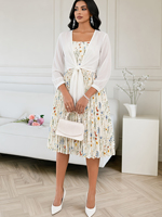 Ensemble deux pièces pour femmes, robe élégante à fleurs et cardigan court à nouer devant, tenue de style doux pour les sorties décontractées printemps/été