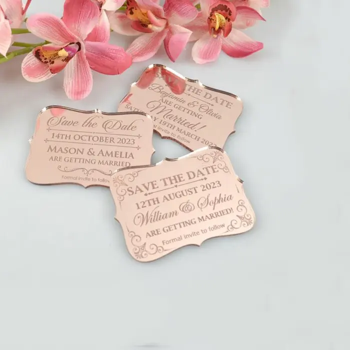 Rose Gold Acryl Bruiloft Receptie Naam Plaats Card Gegraveerd Mirrored Perspex Sheet