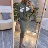 Ensemble robe moulante au-dessus du genou et cardigan à manches longues pour femme, collection automne 2027, avec rayures blanches, en polyester/spandex