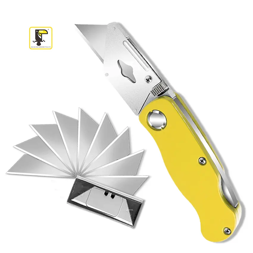 Yellow Custom Knife Logo Colorful Carpet Cutting Knife Pocket Automatic Utility Folding Knife