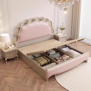 Cama de princesa de cuero genuino con lazo <span class=keywords><strong>rosa</strong></span> americano crema francesa de 1,8 m cama doble de madera maciza de lujo ligera para segunda cama suave - Product Image 4