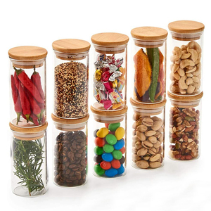 Venda quente Mini Pequeno Doméstico Cozinha Geladeira Recipientes De Armazenamento De Vidro Spice Storage Jars Set com Tampa De Bambu Minimalista