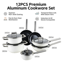12PCS Set Peralatan Masak Anti Lengket Aluminium Die Cast Putih Gagang Stainless Steel Set Panci dan Wajan Dapur Induksi Dengan Tutup Kaca