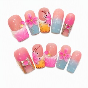 Faux ongles carrés à pression motif papillon fleur rose, couvrance totale, manucure pré-dessinée prête à poser pour salon - Product Image 2