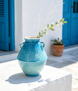Vaso in Ceramica Blu <span class=keywords><strong>Turchese</strong></span> Goffrato con Doppio Manico, Stile Rustico Costiero, per Decorazione Casa e Tavola - Product Image 5