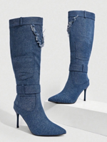 Bottes hautes en jean bleu pour femme, personnalisables, à bout pointu, talon aiguille, bord effiloché, bride de cheville, fermeture éclair latérale