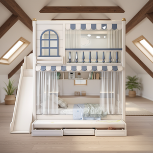 Lit superposé moderne en bois DK pour enfants, lit mezzanine double superposé (lit simple sur lit simple) pour chambre à coucher, idéal pour la relation parent-enfant, double niveau, même largeur, gain de place - Product Image 1