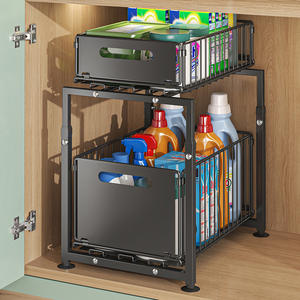 Double Tier Pull Metal Cabinet Organizer Adjustable Space-saving <b>Kitchen</b> <b>Storage</b> Undersink Spice Jar <b>Storage</b> Rack Slide Drawer - Product Image 3
