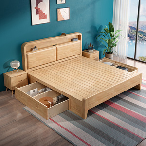 Nordic Style Modern Minimalist Double Bed With Lighted Headboard Storage Pine Wood Bedroom Furniture For Master Bedroom - Product Image 4