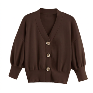 Cardigan pour femme à col en V, manches trois quarts bouffantes, couleur unie, fermeture boutonnée, pull décontracté en tricot pour l'automne, 100% acrylique - Product Image 3