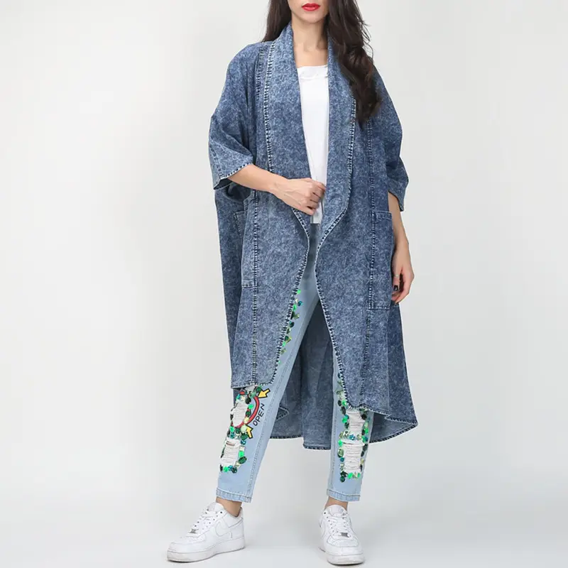 Bettergirl Kardigan Denim Trenchcoat für Damen modische Revers Fledermausärmel lockere Jacke für Damen