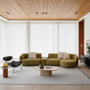 Modern Olive <b>Green</b> Modular Fabric <b>Sofa</b> Set with Rounded Low Backrests Deep <b>Cushioned</b> Seats and Center Console for Living Room - Product Image 2