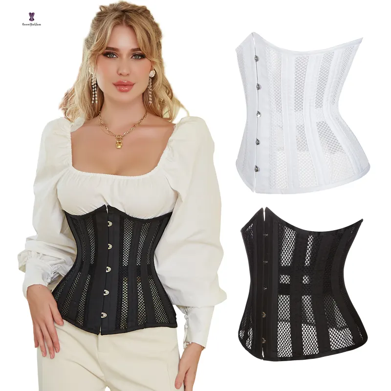 Lace Up Waist Trainer Shaper Customized double Steel Boned Clear Meshing Under Bust Corset Abdomen Crotch Court Bustier Top