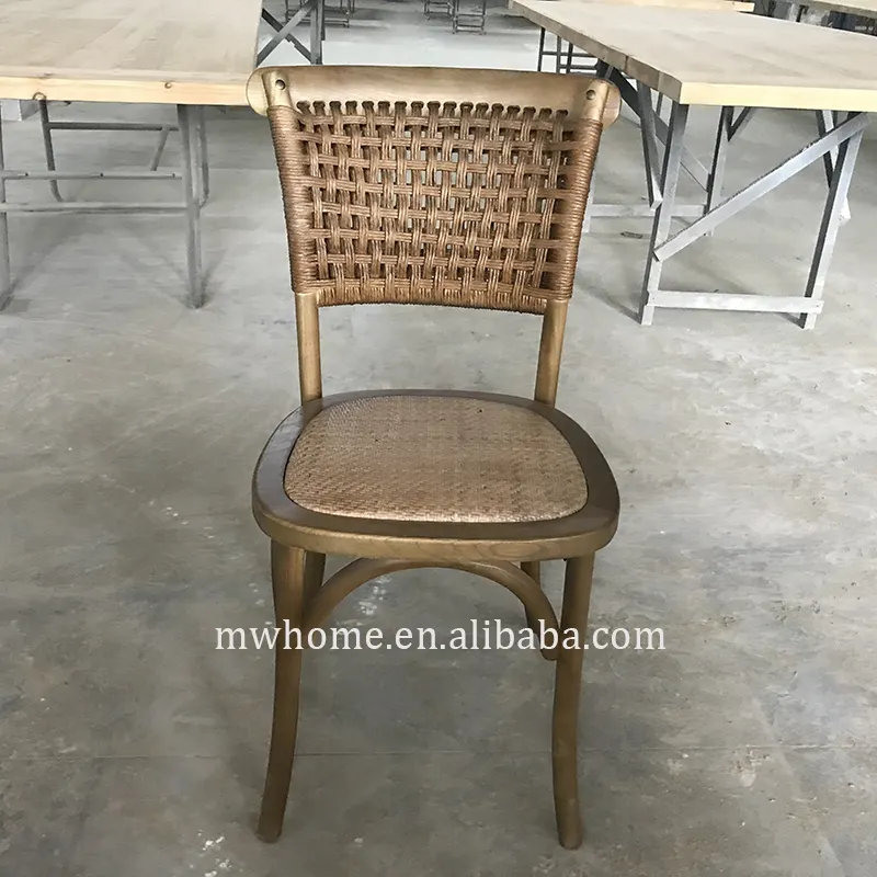 MRS WOODS Solid Wood Wicker Cane Woven Stackable Rattan Back Chairs For Event Wedding Rental Rustic Dining Chair Set