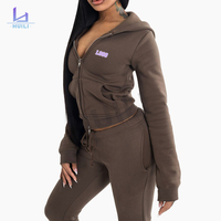 Setelan Olahraga Wanita Huili Custom LOGO Warna Solid Tebal, Atasan Crop Zipper dan Celana Sweatpants Flare Dua Potong dengan Hoodie