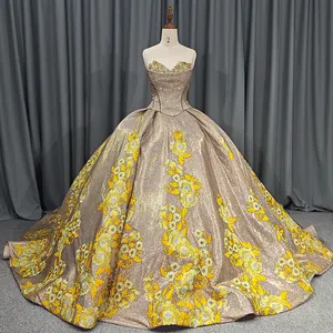 Golden Yellow Debut Gown Princess Luxury Applique Lace Sweetheart Dress Ball Gown Prom 6642