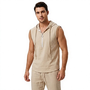 Conjunto Casual de Verano para Hombre, Top sin Mangas con Capucha y Cierre, Pantalones Cortos con Cordón, Color Sólido, Tejido Transpirable de Secado Rápido, Personalizado ODM - Product Image 2