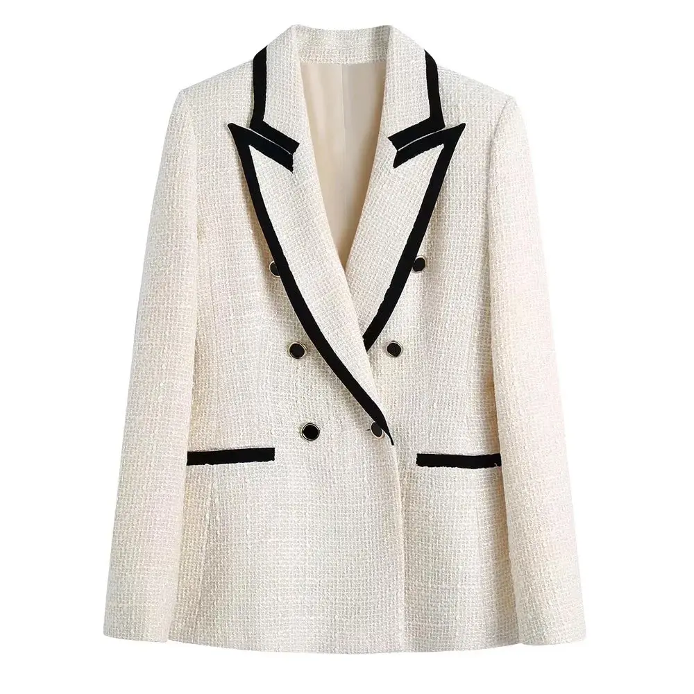 Frauen Vintage Langarm Taschen Chic Veste Business Anzüge Übergroße Sweet Contrast Stitched Tweed Blazer