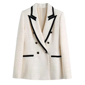 Chaqueta Vintage de manga larga con bolsillos para <span class=keywords><strong>mujer</strong></span>, trajes de negocios elegantes, chaqueta de Tweed con contraste - Product Image 1