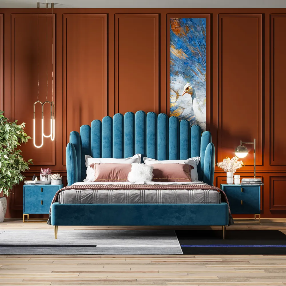 Cadre de lit de luxe moderne, en tissu, personnalisé, vert kaki, Queen et King Size, pour meuble de chambre à coucher, nouvelle collection