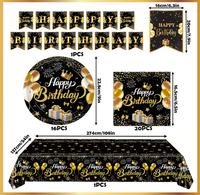 Ensemble de vaisselle et fournitures pour fête d'anniversaire pour femmes et hommes, Or et Noir, comprenant assiettes en carton, gobelets, serviettes, nappes, bannières et drapeaux
