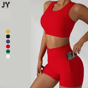 JY Athletic wear factory 4 PCS gym sets Women's rib fabric Bra Pants Sports Suit Indoor Running Fitness Yoga Sets With Pockets